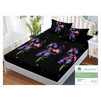 Husa de pat cu elastic 140x200 din Bumbac Finet + 2 Fete de Perna - Negru Cu Flori Mov ieftin