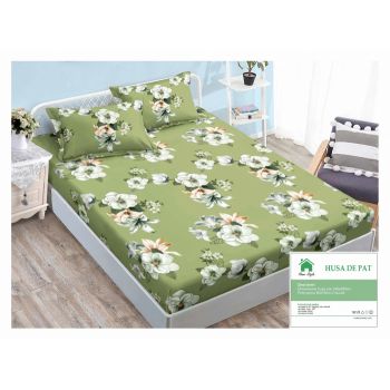 Husa de pat cu elastic 140x200 din Bumbac Finet + 2 Fete de Perna - Verde Cu Flori ieftin