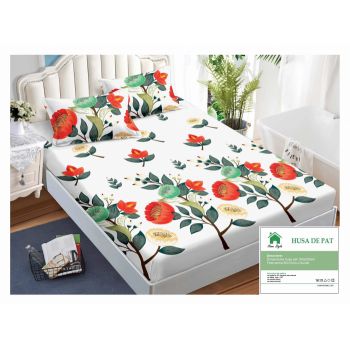 Husa de pat cu elastic 160x200 din Bumbac Finet + 2 Fete de Perna - Alb Cu Maci