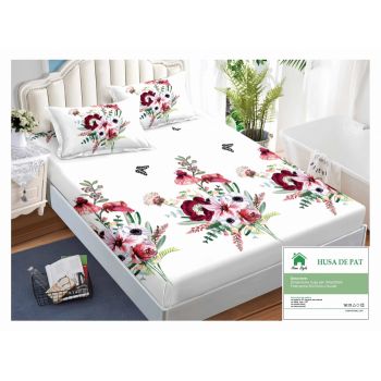 Husa de pat cu elastic 160x200 din Bumbac Finet + 2 Fete de Perna - Alb Flori Colorate