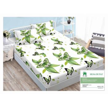 Husa de pat cu elastic 160x200 din Bumbac Finet + 2 Fete de Perna - Alb Fluturi Verzi ieftin