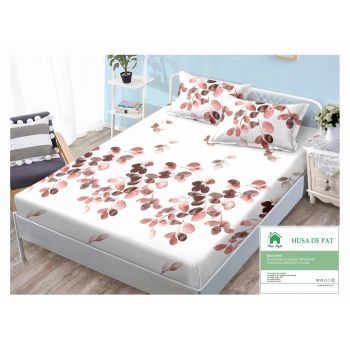 Husa de pat cu elastic 160x200 din Bumbac Finet + 2 Fete de Perna - Alb Roz ieftin