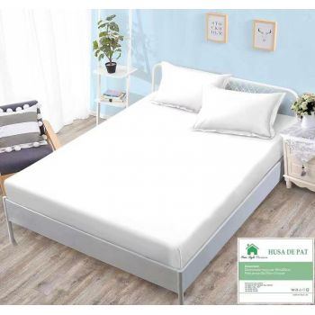 Husa de pat cu elastic 160x200 din Bumbac Finet + 2 Fete de Perna - Alb