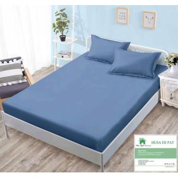 Husa de pat cu elastic 160x200 din Bumbac Finet + 2 Fete de Perna - Albastru