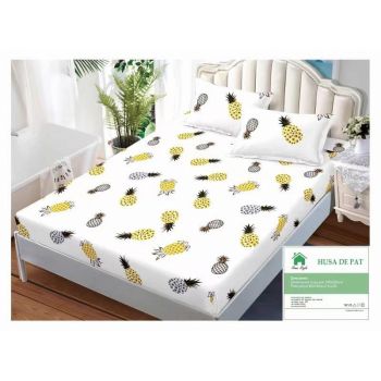 Husa de pat cu elastic 160x200 din Bumbac Finet + 2 Fete de Perna - Ananasi