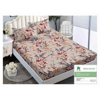 Husa de pat cu elastic 160x200 din Bumbac Finet + 2 Fete de Perna - Bej Cu Flori