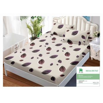 Husa de pat cu elastic 160x200 din Bumbac Finet + 2 Fete de Perna - Bej Cu Frunze ieftin