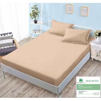 Husa de pat cu elastic 160x200 din Bumbac Finet + 2 Fete de Perna - Bej ieftin