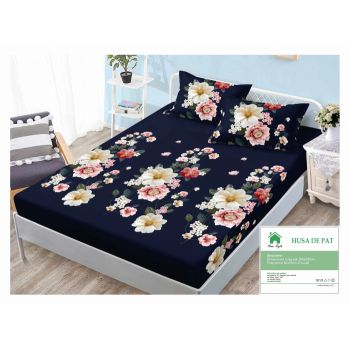 Husa de pat cu elastic 160x200 din Bumbac Finet + 2 Fete de Perna - Bleumarin Cu Flori