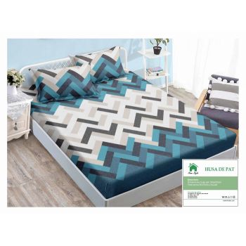 Husa de pat cu elastic 160x200 din Bumbac Finet + 2 Fete de Perna - Crem Albastru ieftin