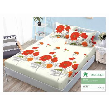 Husa de pat cu elastic 160x200 din Bumbac Finet + 2 Fete de Perna - Crem Cu Flori Rosii