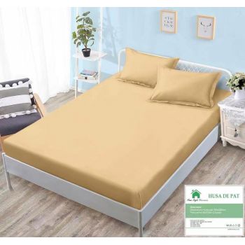 Husa de pat cu elastic 160x200 din Bumbac Finet + 2 Fete de Perna - Galben