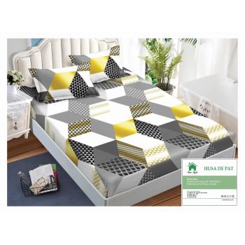 Husa de pat cu elastic 160x200 din Bumbac Finet + 2 Fete de Perna - Gri Alb Galben