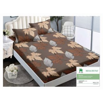 Husa de pat cu elastic 160x200 din Bumbac Finet + 2 Fete de Perna - Maro Cu Frunze De Toamna ieftin