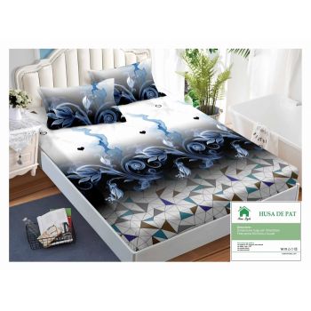 Husa de pat cu elastic 160x200 din Bumbac Finet + 2 Fete de Perna - Negru Albastru Alb