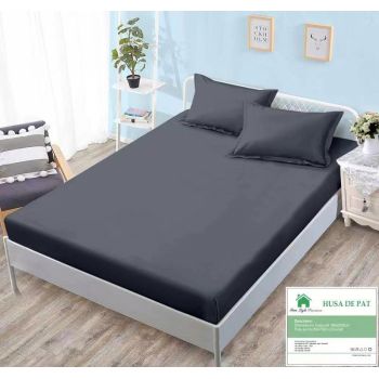 Husa de pat cu elastic 160x200 din Bumbac Finet + 2 Fete de Perna - Negru