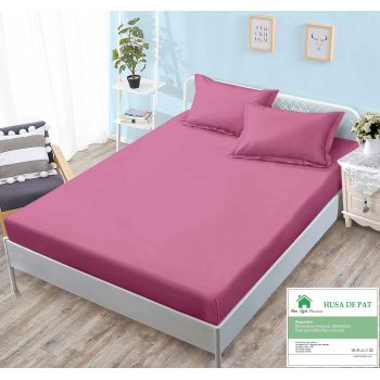 Husa de pat cu elastic 160x200 din Bumbac Finet + 2 Fete de Perna - Roz