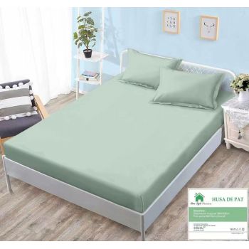 Husa de pat cu elastic 160x200 din Bumbac Finet + 2 Fete de Perna - Verde Menta