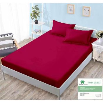 Husa de pat cu elastic 160x200 din Bumbac Finet + 2 Fete de Perna - Visiniu
