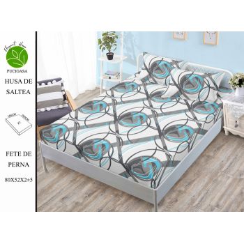 Husa de pat cu elastic 180x200 din Bumbac Finet + 2 Fete de Perna - Abstract Gri Turcoaz ieftin