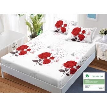 Husa de pat cu elastic 180x200 din Bumbac Finet + 2 Fete de Perna - Alb Cu Trandafiri Rosii ieftin