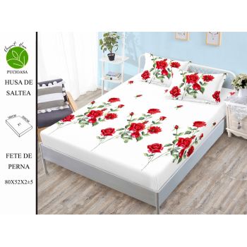 Husa de pat cu elastic 180x200 din Bumbac Finet + 2 Fete de Perna - Alb Cu Trandafiri Rosii