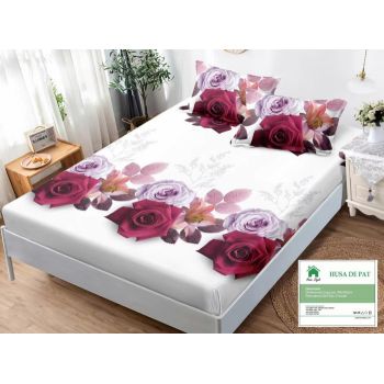 Husa de pat cu elastic 180x200 din Bumbac Finet + 2 Fete de Perna - Alb Cu Trandafiri Roz ieftin