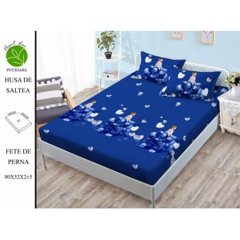 Husa de pat cu elastic 180x200 din Bumbac Finet + 2 Fete de Perna - Albastru Cu Inimi