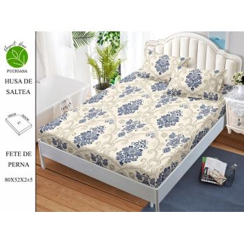 Husa de pat cu elastic 180x200 din Bumbac Finet + 2 Fete de Perna - Albastru Royal ieftin