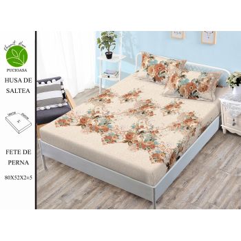 Husa de pat cu elastic 180x200 din Bumbac Finet + 2 Fete de Perna - Bej Cu Flori ieftin