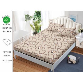 Husa de pat cu elastic 180x200 din Bumbac Finet + 2 Fete de Perna - Bej Cu Inimioare