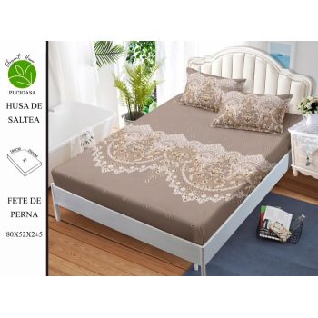 Husa de pat cu elastic 180x200 din Bumbac Finet + 2 Fete de Perna - Bej Model Dantela ieftin