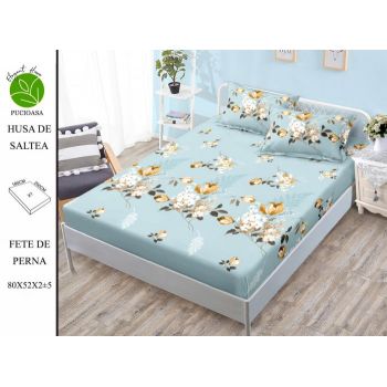 Husa de pat cu elastic 180x200 din Bumbac Finet + 2 Fete de Perna - Bleu Cu Flori