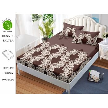 Husa de pat cu elastic 180x200 din Bumbac Finet + 2 Fete de Perna - Brown Royal ieftin