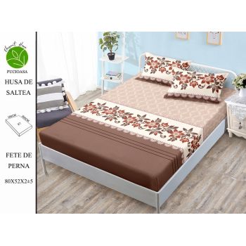 Husa de pat cu elastic 180x200 din Bumbac Finet + 2 Fete de Perna - Brown With Flowers ieftin