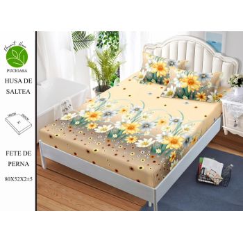 Husa de pat cu elastic 180x200 din Bumbac Finet + 2 Fete de Perna - Camp De Flori