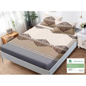 Husa de pat cu elastic 180x200 din Bumbac Finet + 2 Fete de Perna - Crem Bej Gri