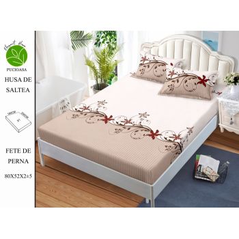 Husa de pat cu elastic 180x200 din Bumbac Finet + 2 Fete de Perna - Crem Bej