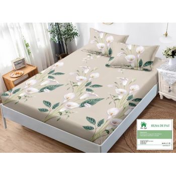 Husa de pat cu elastic 180x200 din Bumbac Finet + 2 Fete de Perna - Crem Cu Crini ieftin