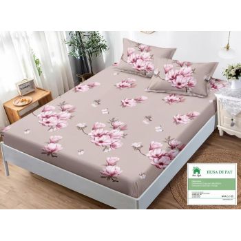 Husa de pat cu elastic 180x200 din Bumbac Finet + 2 Fete de Perna - Crem Cu Magnolii