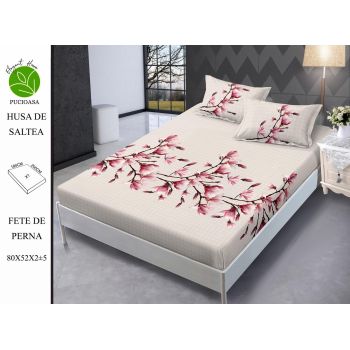 Husa de pat cu elastic 180x200 din Bumbac Finet + 2 Fete de Perna - Crem Cu Magnolii ieftin