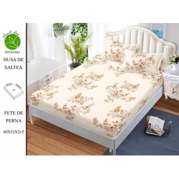 Husa de pat cu elastic 180x200 din Bumbac Finet + 2 Fete de Perna - Crem Floral ieftin