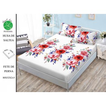 Husa de pat cu elastic 180x200 din Bumbac Finet + 2 Fete de Perna - Flori Colorate