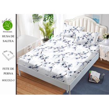 Husa de pat cu elastic 180x200 din Bumbac Finet + 2 Fete de Perna - Flori Gri