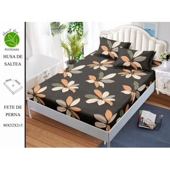 Husa de pat cu elastic 180x200 din Bumbac Finet + 2 Fete de Perna - Flori Mari