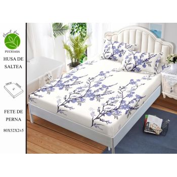 Husa de pat cu elastic 180x200 din Bumbac Finet + 2 Fete de Perna - Flori Mov ieftin