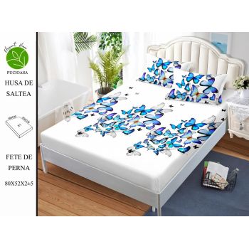Husa de pat cu elastic 180x200 din Bumbac Finet + 2 Fete de Perna - Fluturi Albastri
