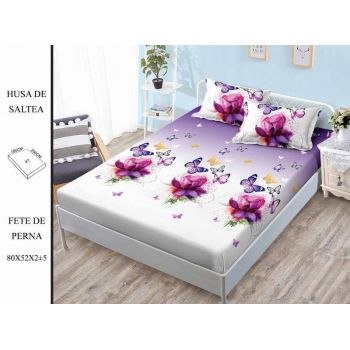 Husa de pat cu elastic 180x200 din Bumbac Finet + 2 Fete de Perna - Fluturi Flori Mov