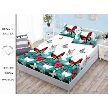 Husa de pat cu elastic 180x200 din Bumbac Finet + 2 Fete de Perna - Fluturi Turcoaz Rosii