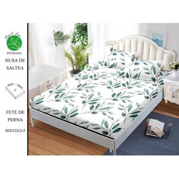 Husa de pat cu elastic 180x200 din Bumbac Finet + 2 Fete de Perna - Frunze